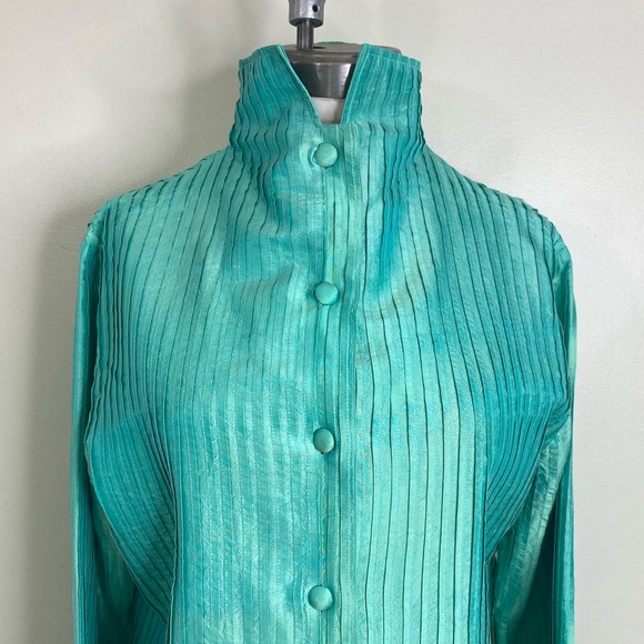 GRACIE MADE IN VIETNAM 100% DUPIONI SILK BUTTON UP LONG SLEEVE PIN TUCK TOP XL - Picture 7 of 8